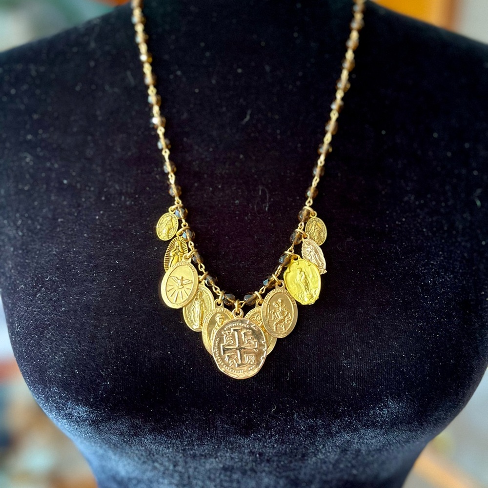 Miraculous Mary & St Benedict Medals, Bib Choker Necklace Smoked Quartz